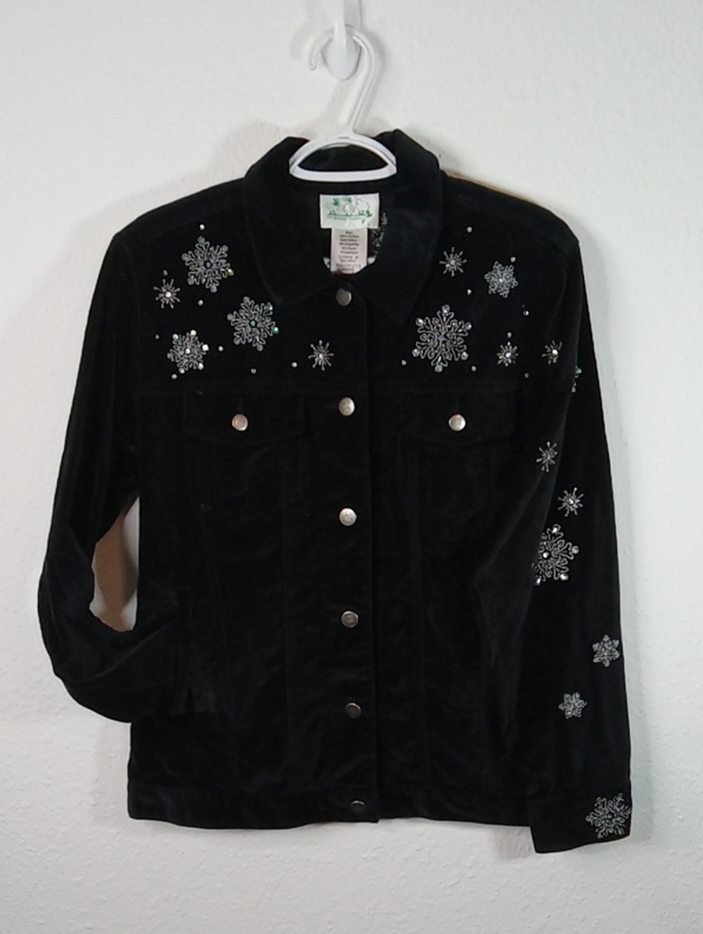 Vintage Quacker Factory Black Velveteen Like Snowflake Button Up Jean Jacket